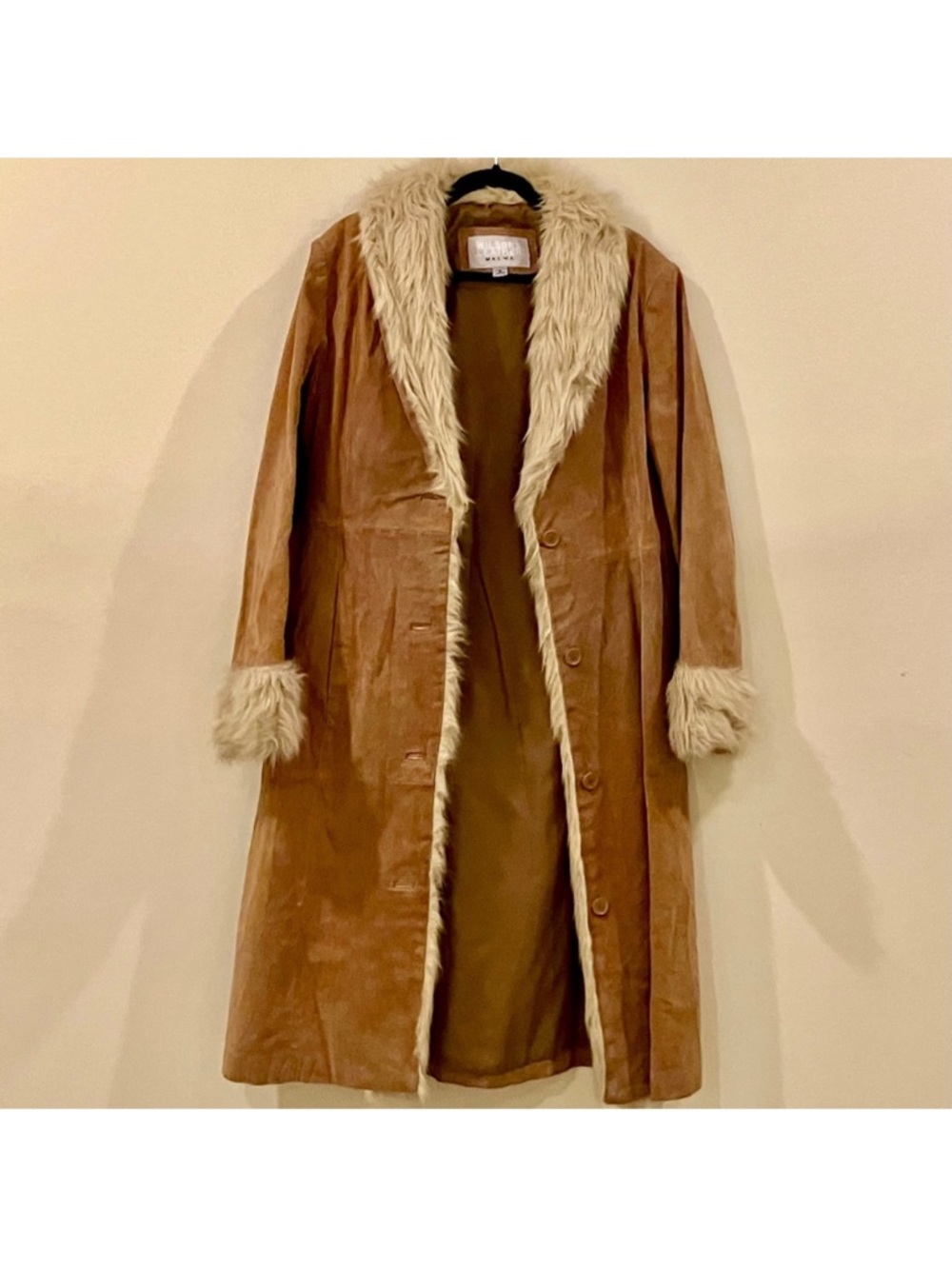 Wilson’s Leather Maxima Tan Suede Longline Coat with Faux Fur Collar - Picture 3 of 6